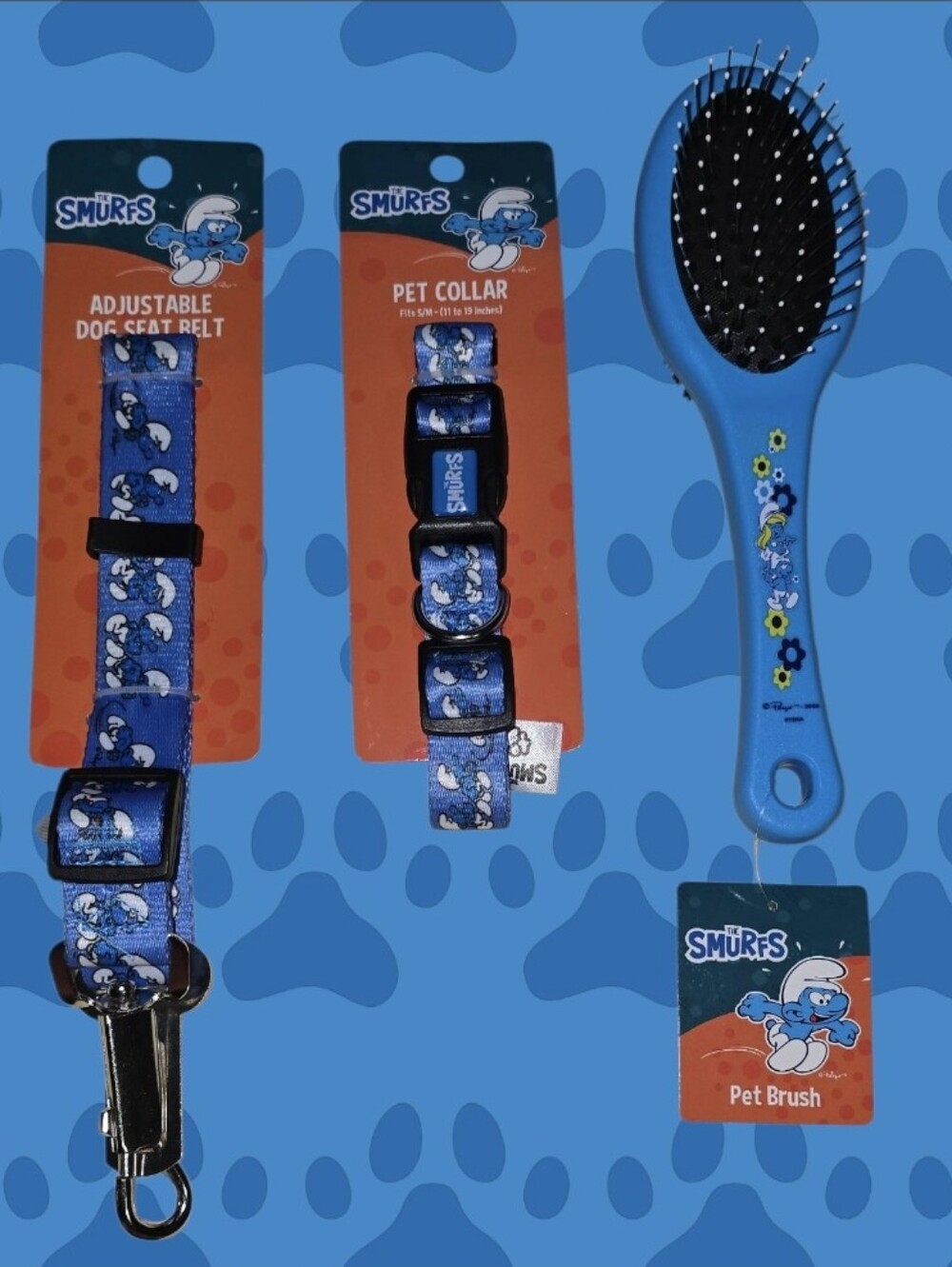 Smurfs Blue Pet Collar, Seat Belt and Brush Set - Blue